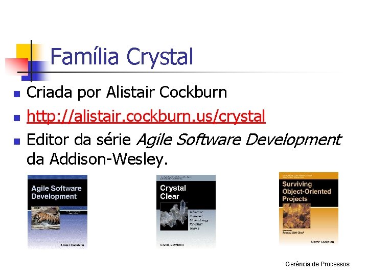 Família Crystal n n n Criada por Alistair Cockburn http: //alistair. cockburn. us/crystal Editor