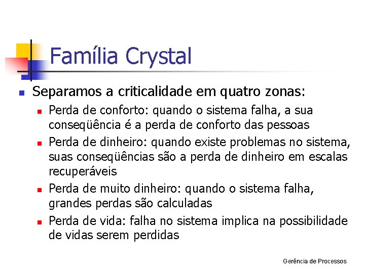 Família Crystal n Separamos a criticalidade em quatro zonas: n n Perda de conforto: