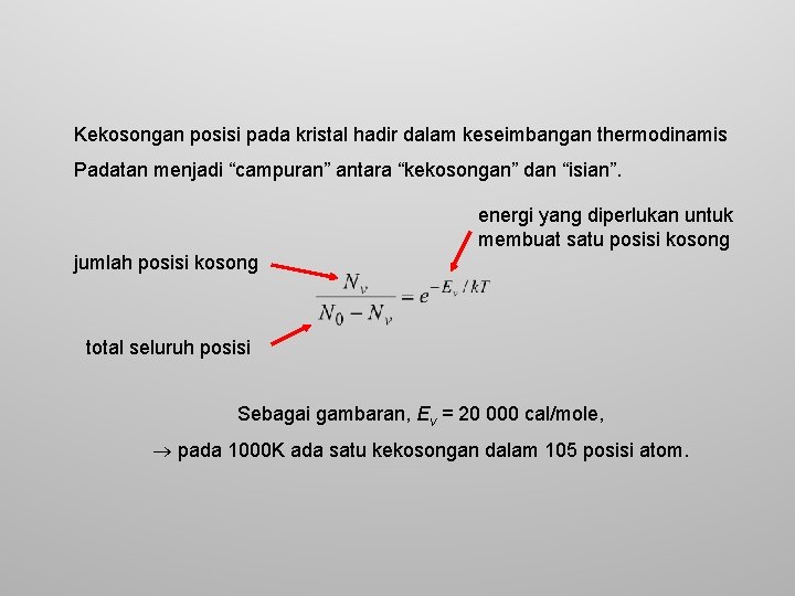 Kekosongan posisi pada kristal hadir dalam keseimbangan thermodinamis Padatan menjadi “campuran” antara “kekosongan” dan