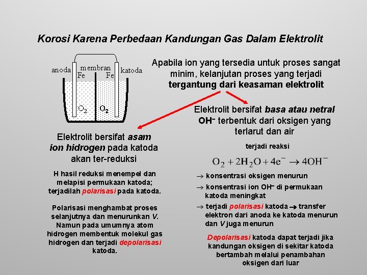 Korosi Karena Perbedaan Kandungan Gas Dalam Elektrolit anoda membran katoda Fe Fe O 2