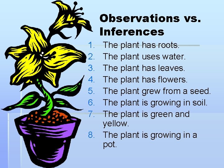 Observations vs. Inferences 1. 2. 3. 4. 5. 6. 7. The plant has roots.