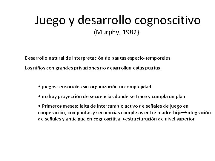 Juego y desarrollo cognoscitivo (Murphy, 1982) Desarrollo natural de interpretación de pautas espacio-temporales Los