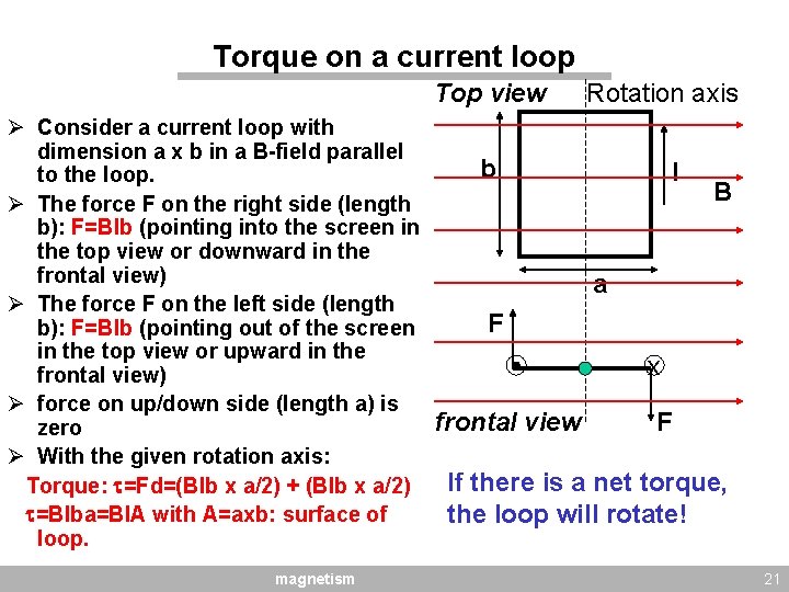 Torque on a current loop Top view Rotation axis Ø Consider a current loop