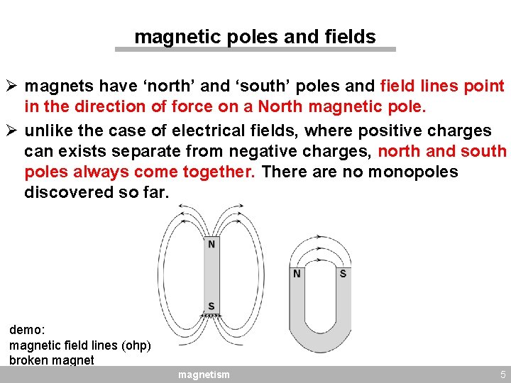 magnetic poles and fields Ø magnets have ‘north’ and ‘south’ poles and field lines