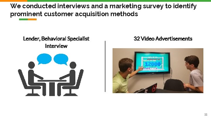 We conducted interviews and a marketing survey to identify prominent customer acquisition methods Lender,