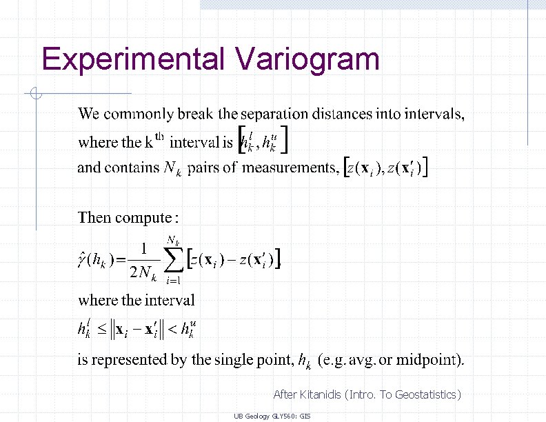 Experimental Variogram After Kitanidis (Intro. To Geostatistics) UB Geology GLY 560: GIS 