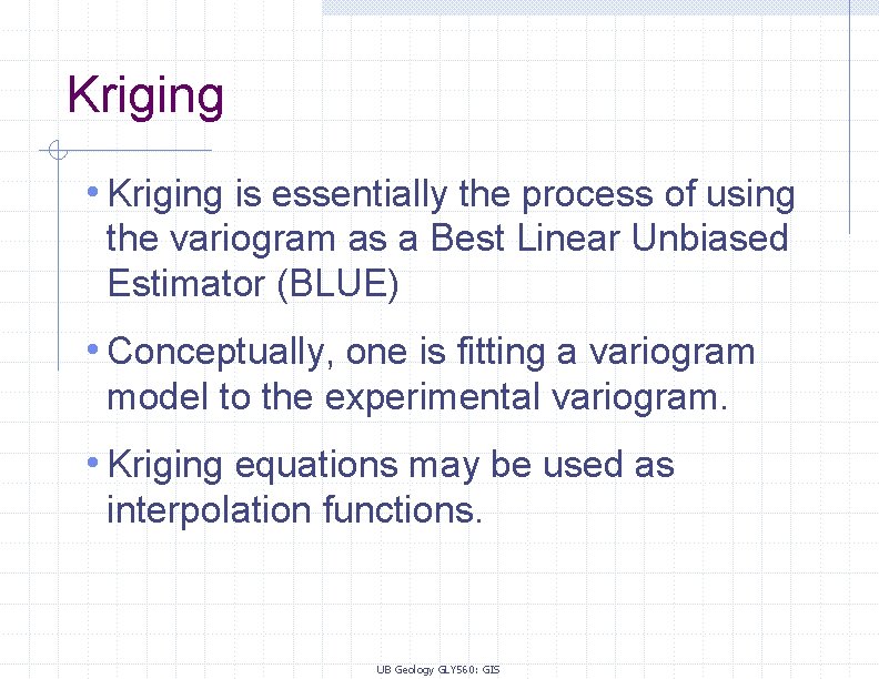 Kriging • Kriging is essentially the process of using the variogram as a Best