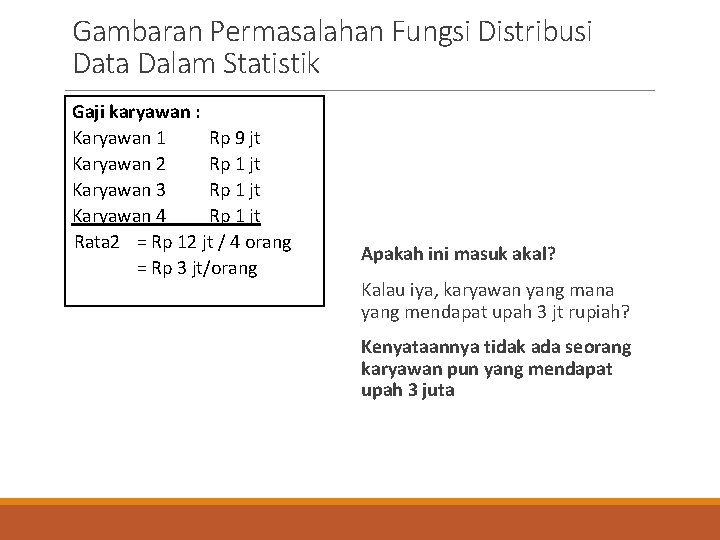 Gambaran Permasalahan Fungsi Distribusi Data Dalam Statistik Gaji karyawan : Karyawan 1 Rp 9