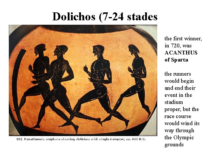 Dolichos (7 -24 stades the first winner, in 720, was ACANTHUS of Sparta the