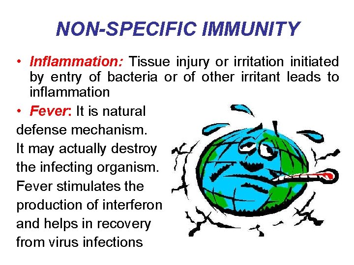 NON-SPECIFIC IMMUNITY • Inflammation: Tissue injury or irritation initiated by entry of bacteria or