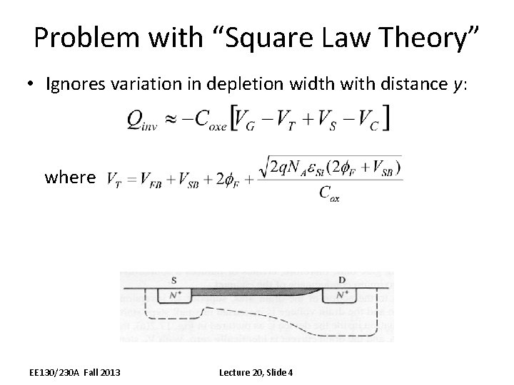 Problem with “Square Law Theory” • Ignores variation in depletion width with distance y: Problem with “Square Law Theory” • Ignores variation in depletion width with distance y: