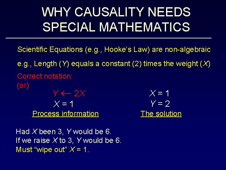 WHY CAUSALITY NEEDS SPECIAL MATHEMATICS Scientific Equations (e. g. , Hooke’s Law) are non-algebraic