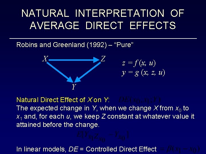 NATURAL INTERPRETATION OF AVERAGE DIRECT EFFECTS Robins and Greenland (1992) – “Pure” X Z