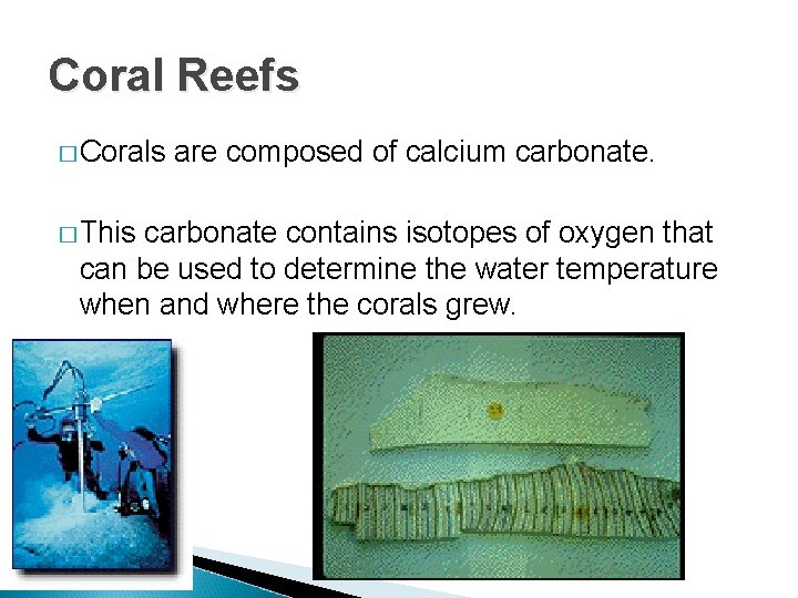 Coral Reefs � Corals � This are composed of calcium carbonate contains isotopes of