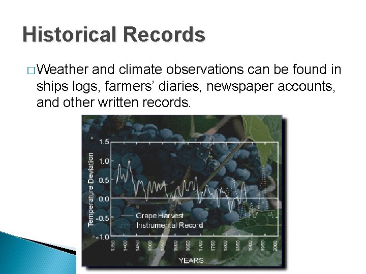 Historical Records � Weather and climate observations can be found in ships logs, farmers’