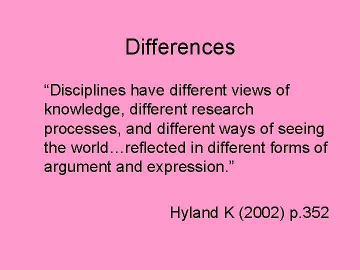 Differences “Disciplines have different views of knowledge, different research processes, and different ways of