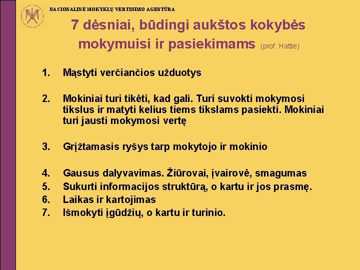 NACIONALINĖ MOKYKLŲ VERTINIMO AGENTŪRA 7 dėsniai, būdingi aukštos kokybės mokymuisi ir pasiekimams (prof. Hattie)