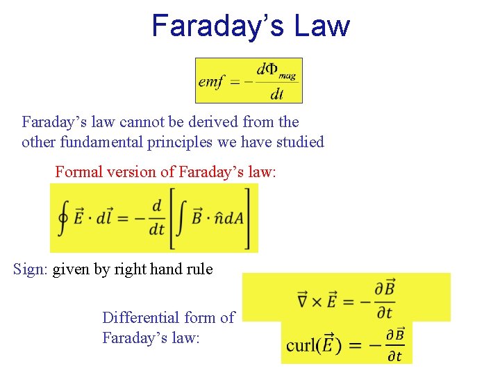 Faraday’s Law Faraday’s law cannot be derived from the other fundamental principles we have