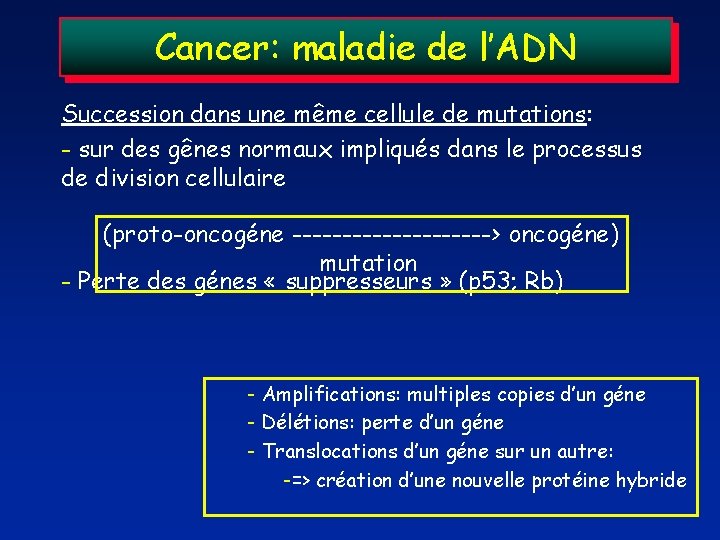 Cancer: maladie de l’ADN Succession dans une même cellule de mutations: - sur des