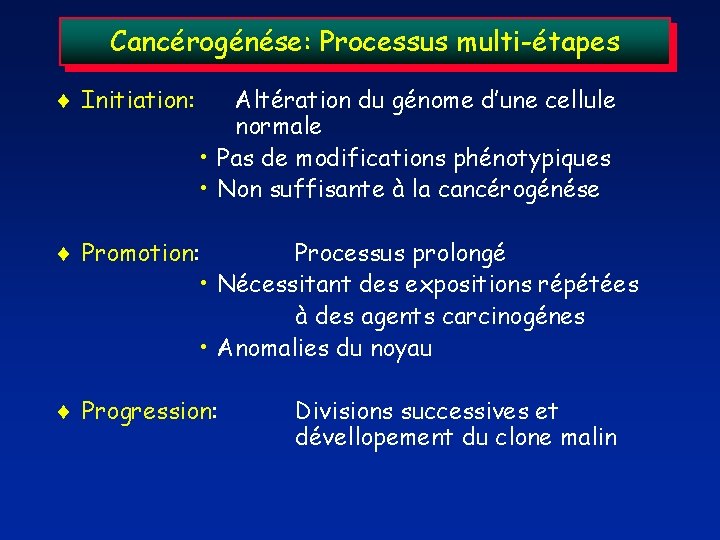 Cancérogénése: Processus multi-étapes Initiation: Altération du génome d’une cellule normale • Pas de modifications