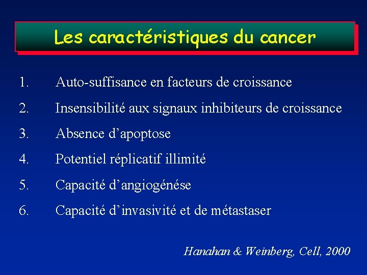 Les caractéristiques du cancer 1. Auto-suffisance en facteurs de croissance 2. Insensibilité aux signaux