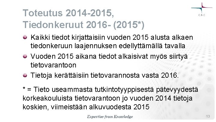 Toteutus 2014 -2015, Tiedonkeruut 2016 - (2015*) Kaikki tiedot kirjattaisiin vuoden 2015 alusta alkaen