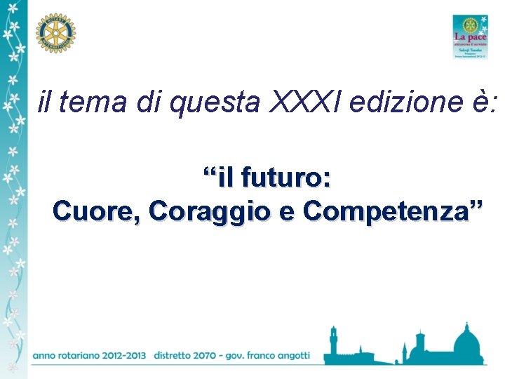 il tema di questa XXXI edizione è: “il futuro: Cuore, Coraggio e Competenza” 