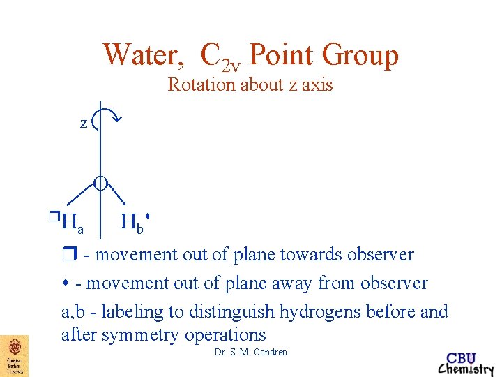 Water, C 2 v Point Group Rotation about z axis z O r. H Water, C 2 v Point Group Rotation about z axis z O r. H