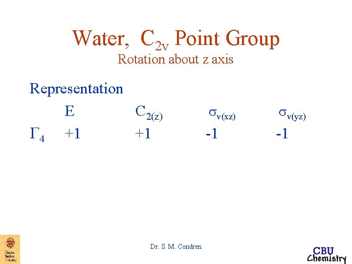 Water, C 2 v Point Group Rotation about z axis Representation E C 2(z) Water, C 2 v Point Group Rotation about z axis Representation E C 2(z)