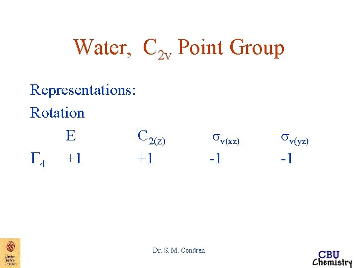 Water, C 2 v Point Group Representations: Rotation E C 2(z) G 4 +1 Water, C 2 v Point Group Representations: Rotation E C 2(z) G 4 +1