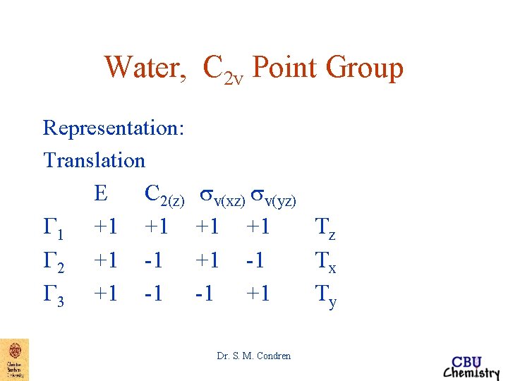 Water, C 2 v Point Group Representation: Translation E C 2(z) G 1 +1 Water, C 2 v Point Group Representation: Translation E C 2(z) G 1 +1