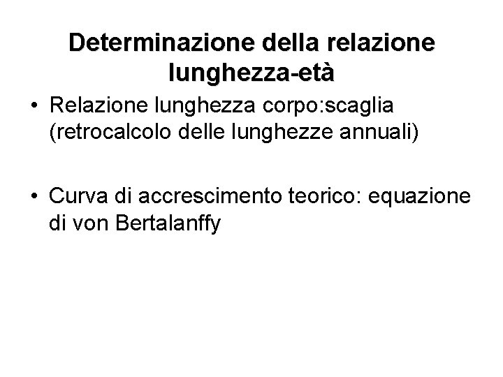 Determinazione della relazione lunghezza-età • Relazione lunghezza corpo: scaglia (retrocalcolo delle lunghezze annuali) •