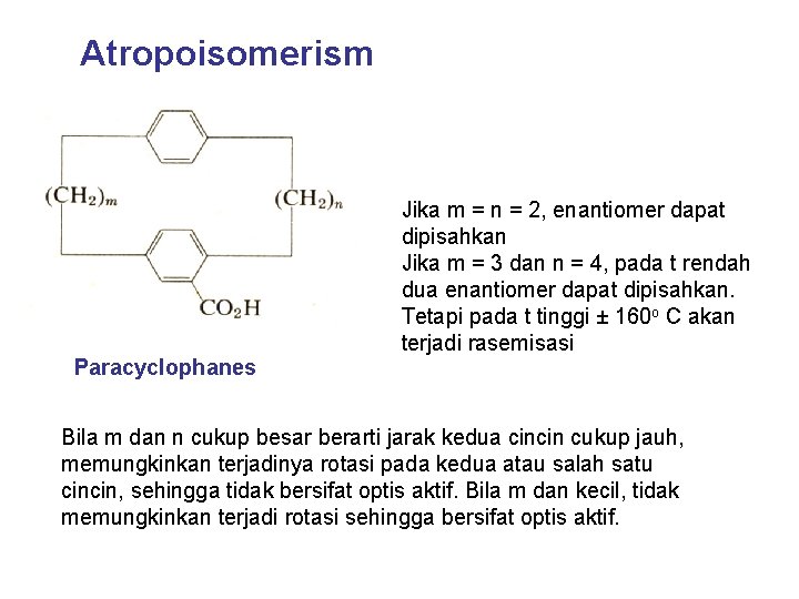Atropoisomerism Jika m = n = 2, enantiomer dapat dipisahkan Jika m = 3