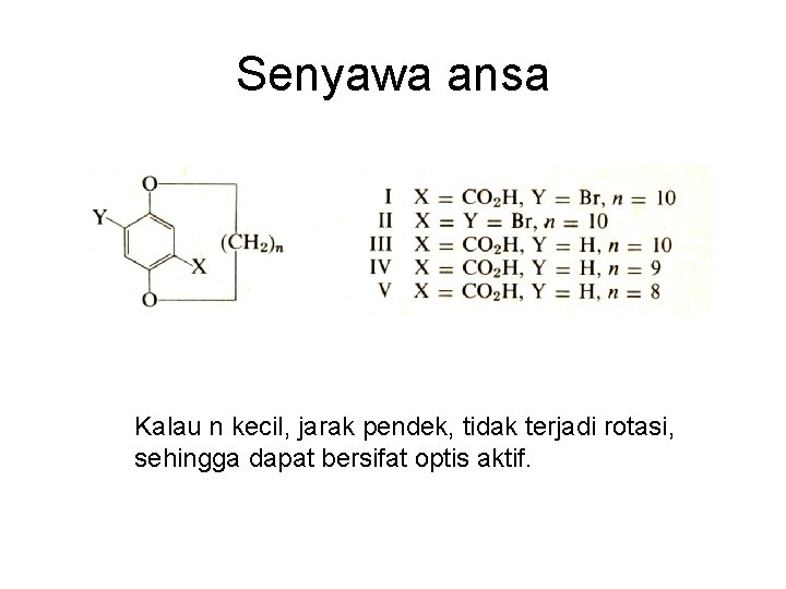 Senyawa ansa Kalau n kecil, jarak pendek, tidak terjadi rotasi, sehingga dapat bersifat optis