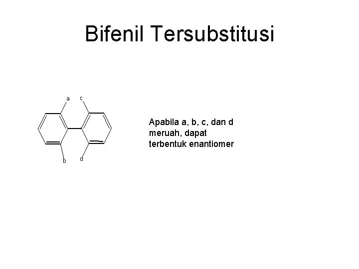 Bifenil Tersubstitusi a c Apabila a, b, c, dan d meruah, dapat terbentuk enantiomer