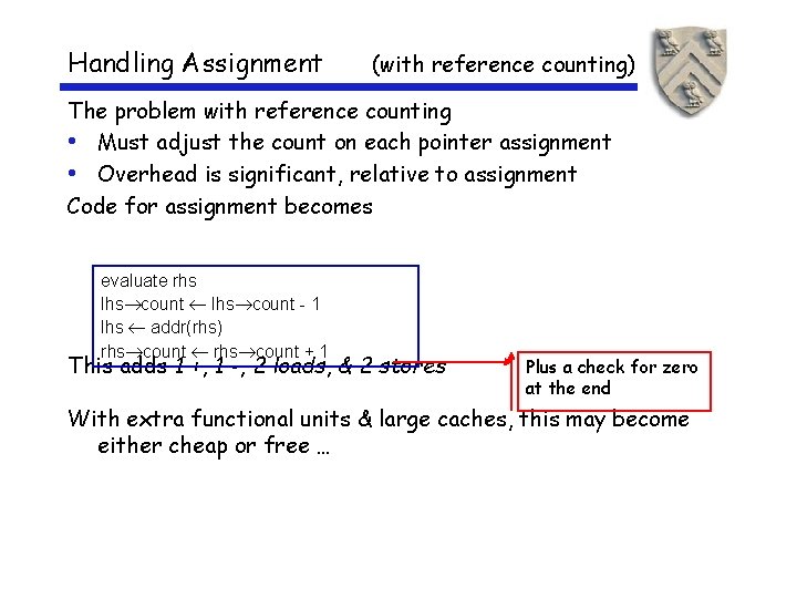 Handling Assignment (with reference counting) The problem with reference counting • Must adjust the