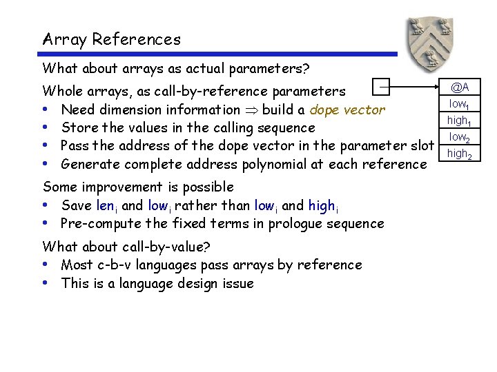 Array References What about arrays as actual parameters? Whole arrays, as call-by-reference parameters •