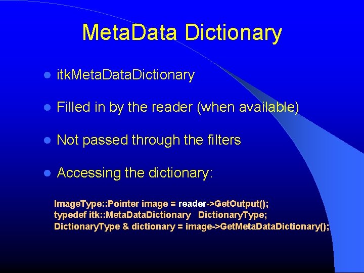 Meta. Data Dictionary itk. Meta. Data. Dictionary Filled in by the reader (when available)