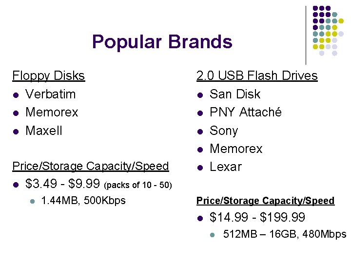 Popular Brands Floppy Disks l Verbatim l Memorex l Maxell Price/Storage Capacity/Speed l 2.