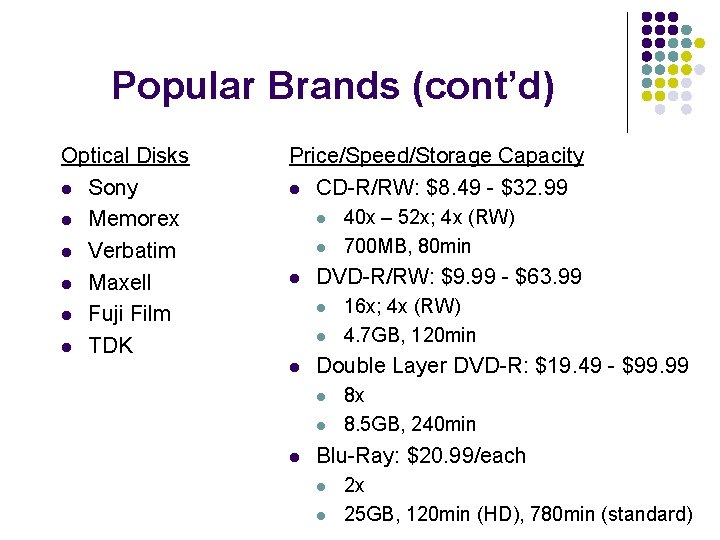 Popular Brands (cont’d) Optical Disks l Sony l Memorex l Verbatim l Maxell l