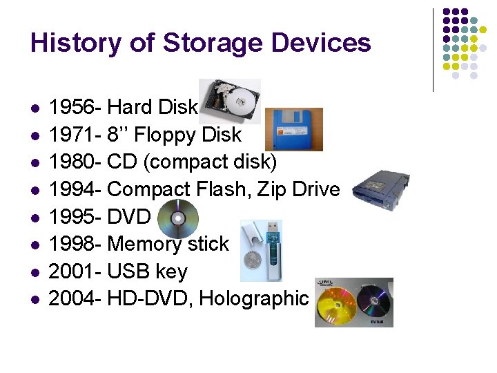 History of Storage Devices l l l l 1956 - Hard Disk 1971 -