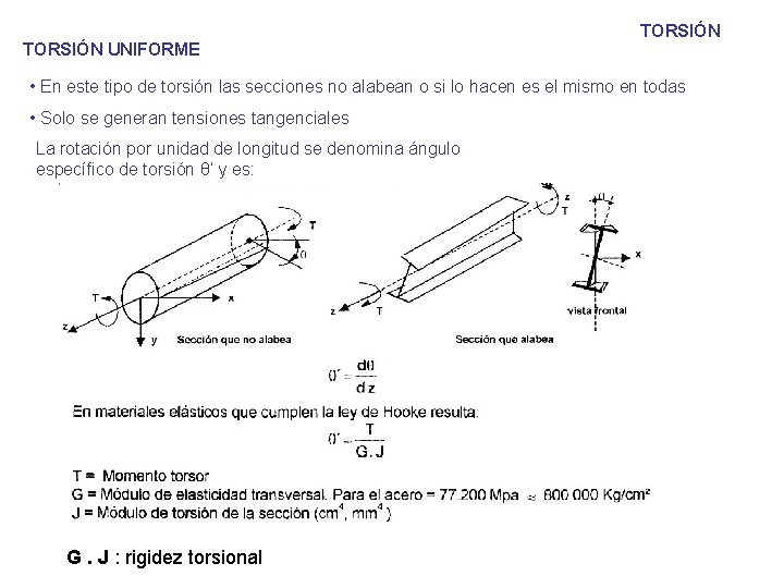 TORSIÓN UNIFORME TORSIÓN • En este tipo de torsión las secciones no alabean o