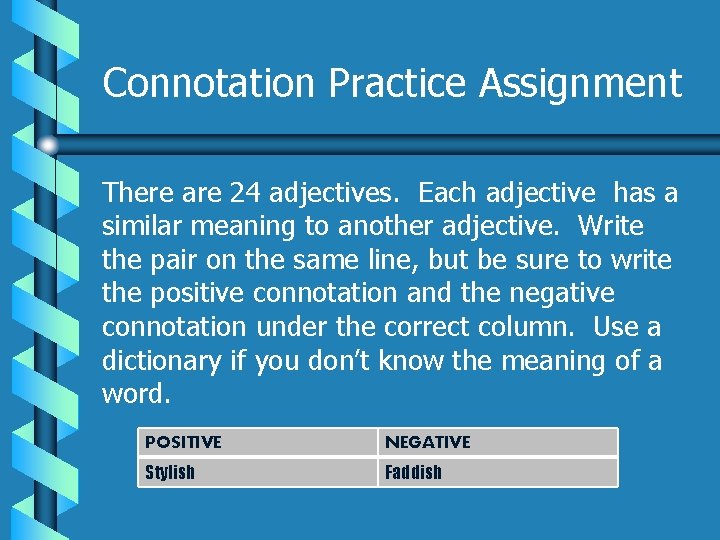 Connotation Practice Assignment There are 24 adjectives. Each adjective has a similar meaning to