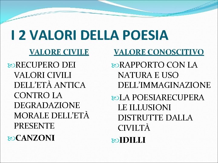 I 2 VALORI DELLA POESIA VALORE CIVILE RECUPERO DEI VALORI CIVILI DELL’ETÀ ANTICA CONTRO