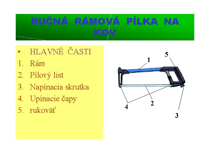 RUČNÁ RÁMOVÁ PÍLKA NA KOV • 1. 2. 3. 4. 5. HLAVNÉ ČASTI Rám