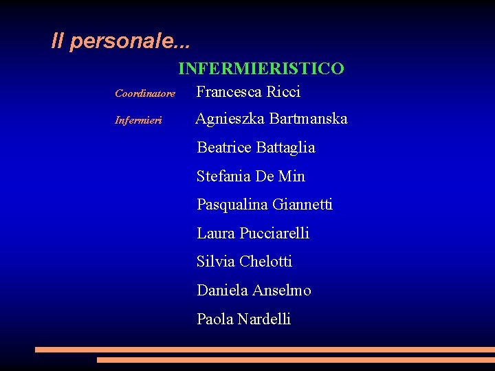 Il personale. . . INFERMIERISTICO Coordinatore Francesca Ricci Infermieri Agnieszka Bartmanska Beatrice Battaglia Stefania
