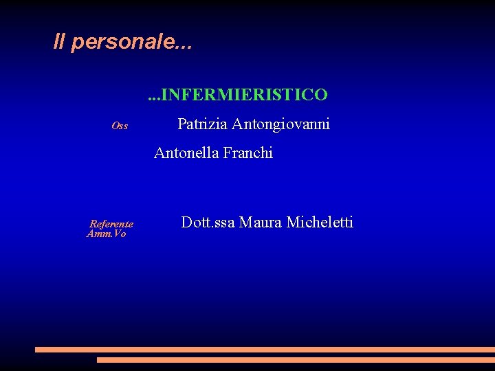 Il personale. . . INFERMIERISTICO Oss Patrizia Antongiovanni Antonella Franchi Referente Amm. Vo Dott.