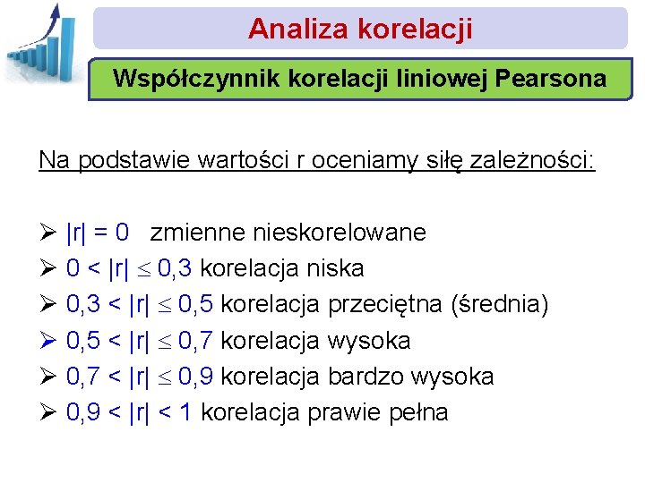 Analiza korelacji Współczynnik korelacji liniowej Pearsona Na podstawie wartości r oceniamy siłę zależności: Ø