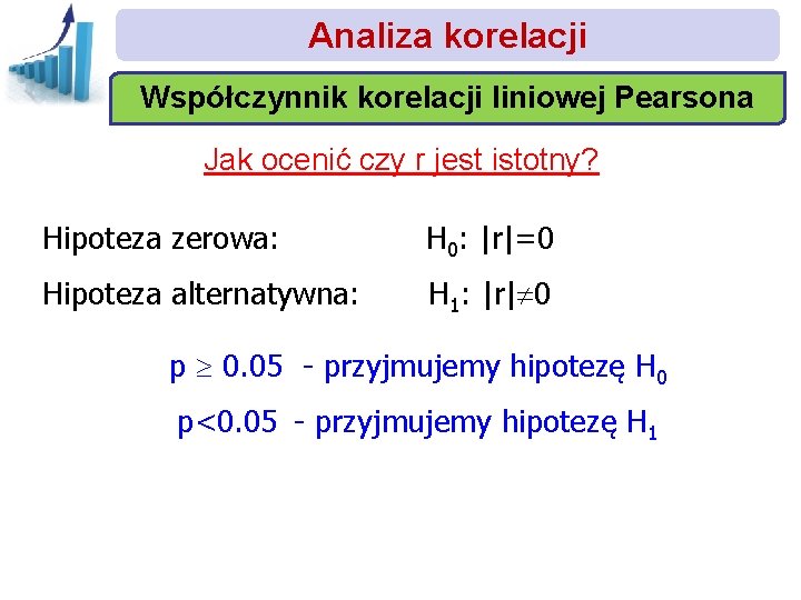 Analiza korelacji Współczynnik korelacji liniowej Pearsona Jak ocenić czy r jest istotny? Hipoteza zerowa: