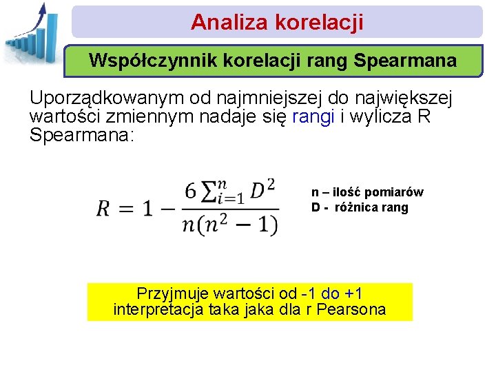 Analiza korelacji Współczynnik korelacji rang Spearmana Uporządkowanym od najmniejszej do największej wartości zmiennym nadaje